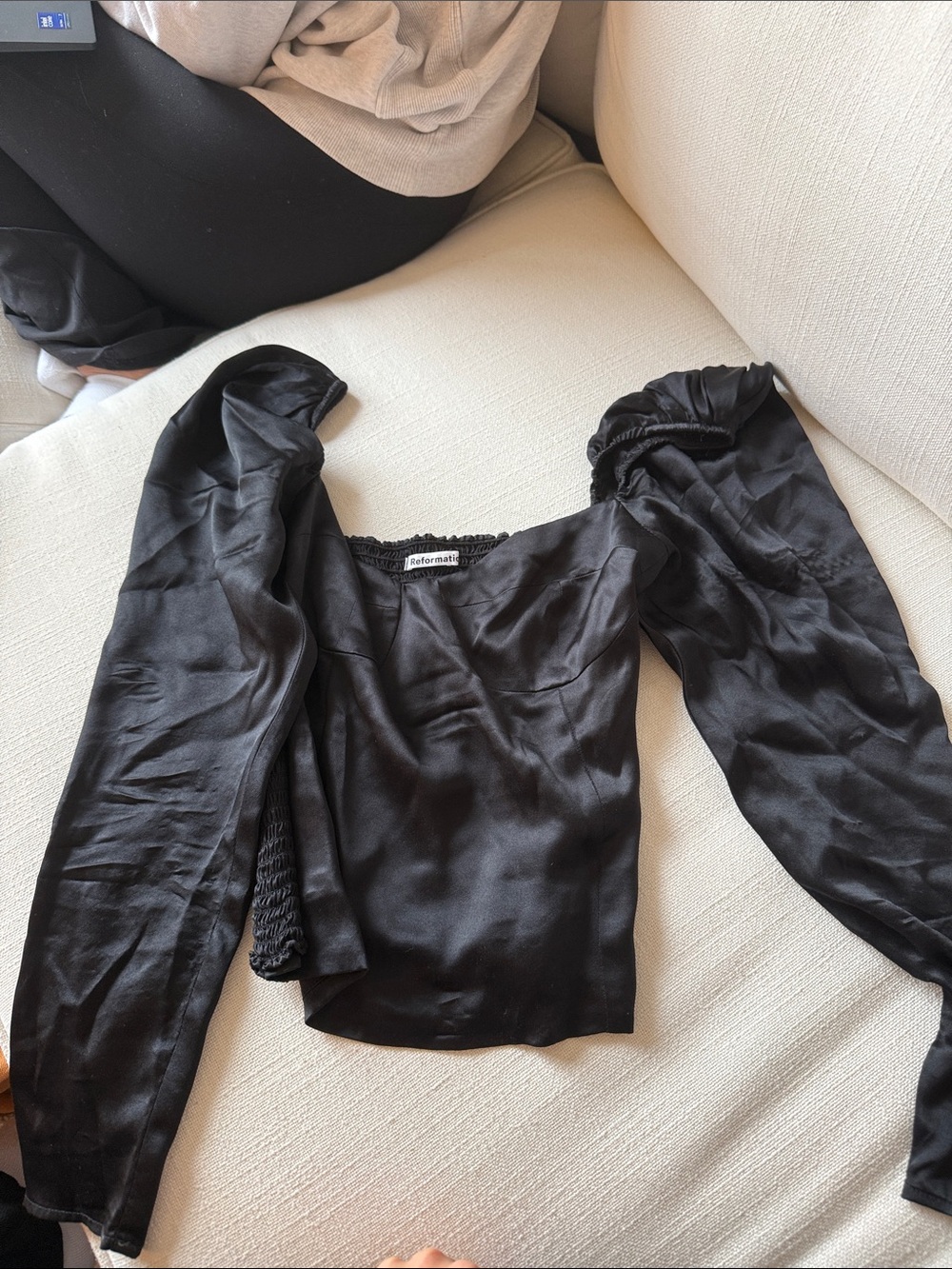 Reformation Black Satin Puff-Sleeve Blouse